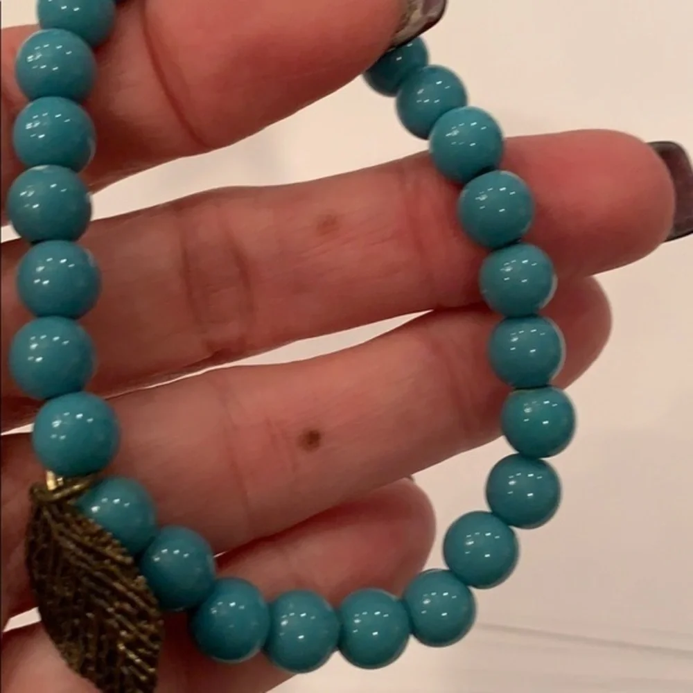 💐5/25 gold leaf turquoise acrylic beads stretch